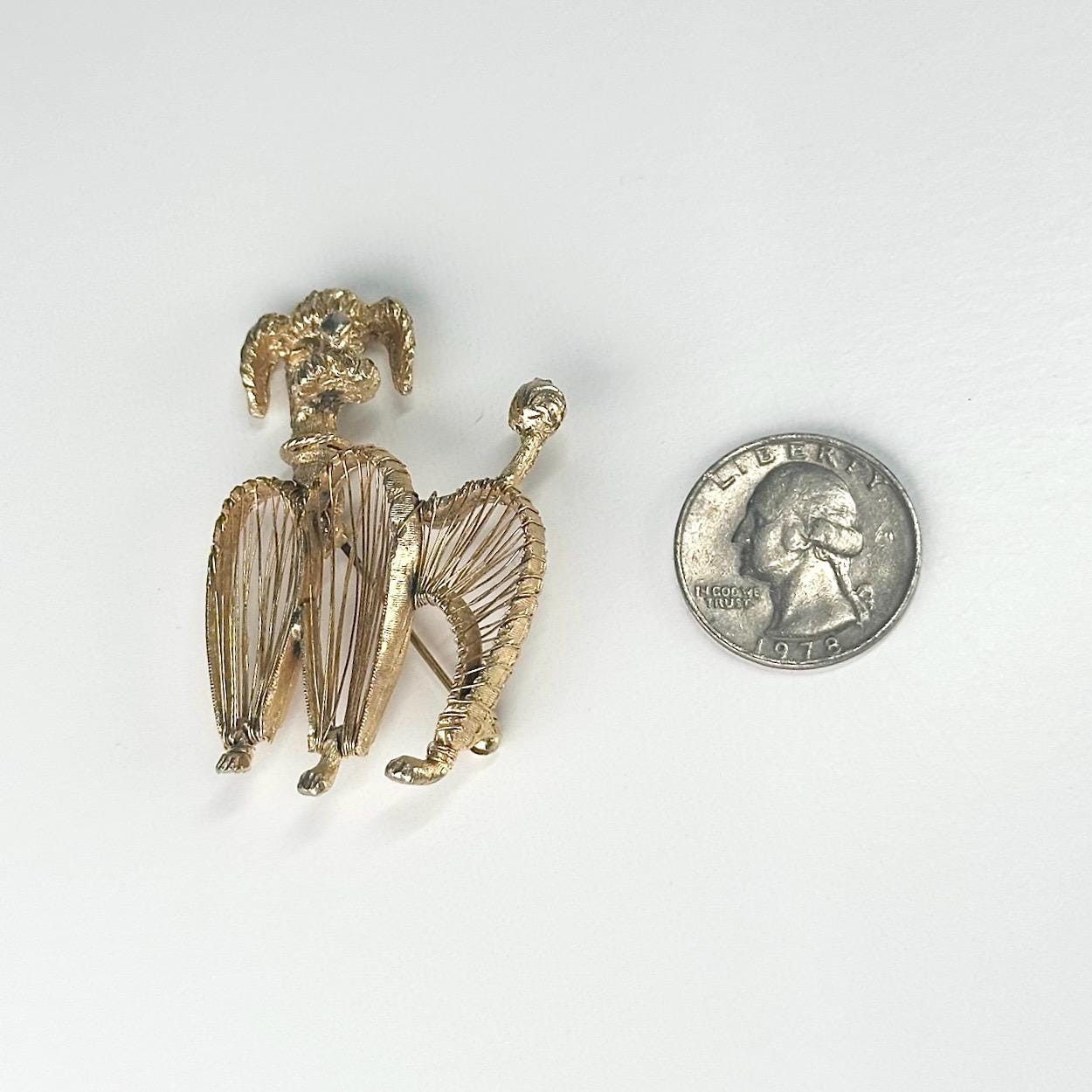 Vintage Brooch Pin of Poodle in Gold Tone with Delicate Wire Design