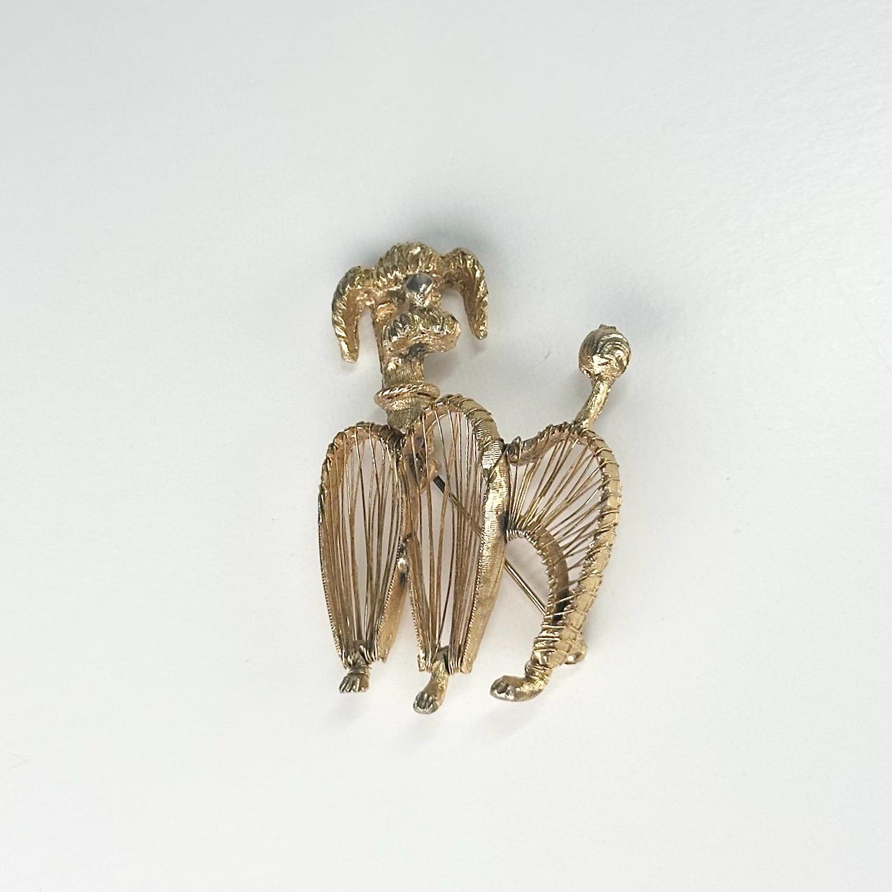 Vintage Brooch Pin of Poodle in Gold Tone with Delicate Wire Design