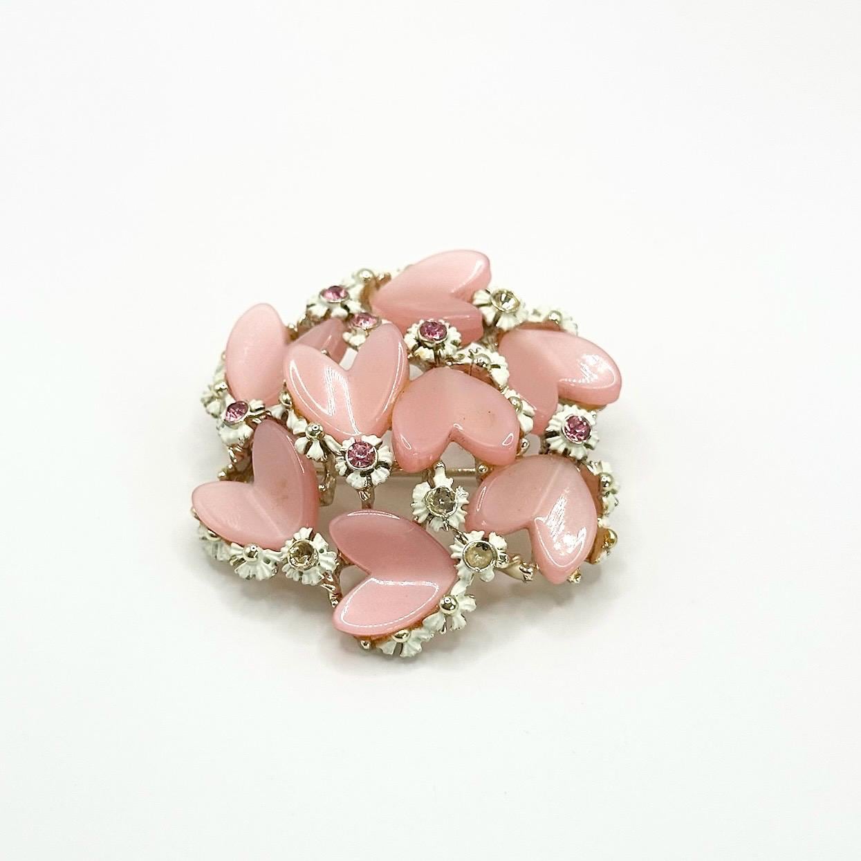 Vintage Brooch Pin with Thermoset Hearts and Rhinestone Flowers Stamped BSK