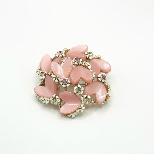 Vintage Brooch Pin with Thermoset Hearts and Rhinestone Flowers Stamped BSK