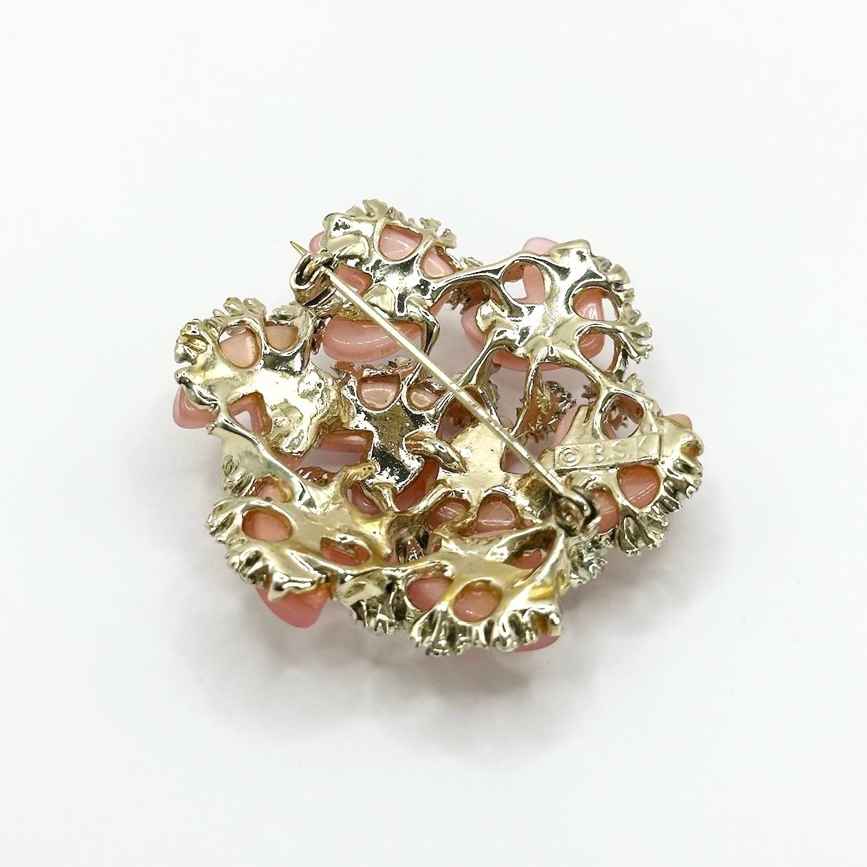 Vintage Brooch Pin with Thermoset Hearts and Rhinestone Flowers Stamped BSK