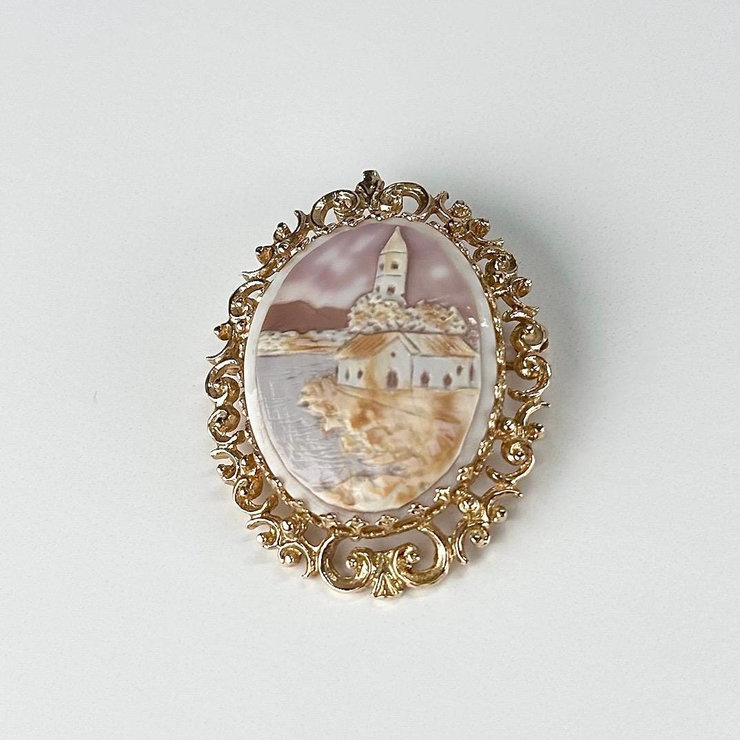 Vintage Cameo Brooch or Pendant with Carved Lake House Scene and 10K Gold Design