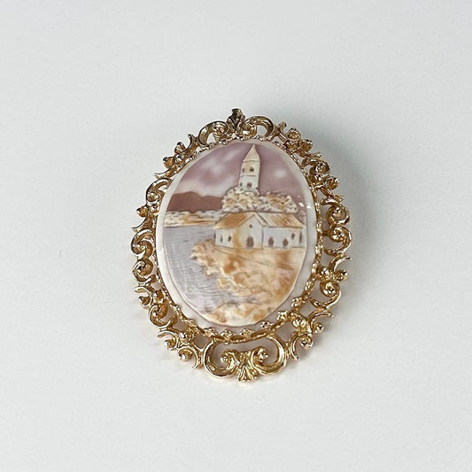 Vintage Cameo Brooch or Pendant with Carved Lake House Scene and 10K Gold Design