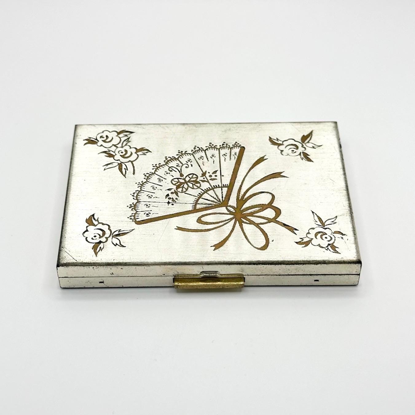 Vintage Compact with Etched Floral Fan Design by Zell Fifth Avenue