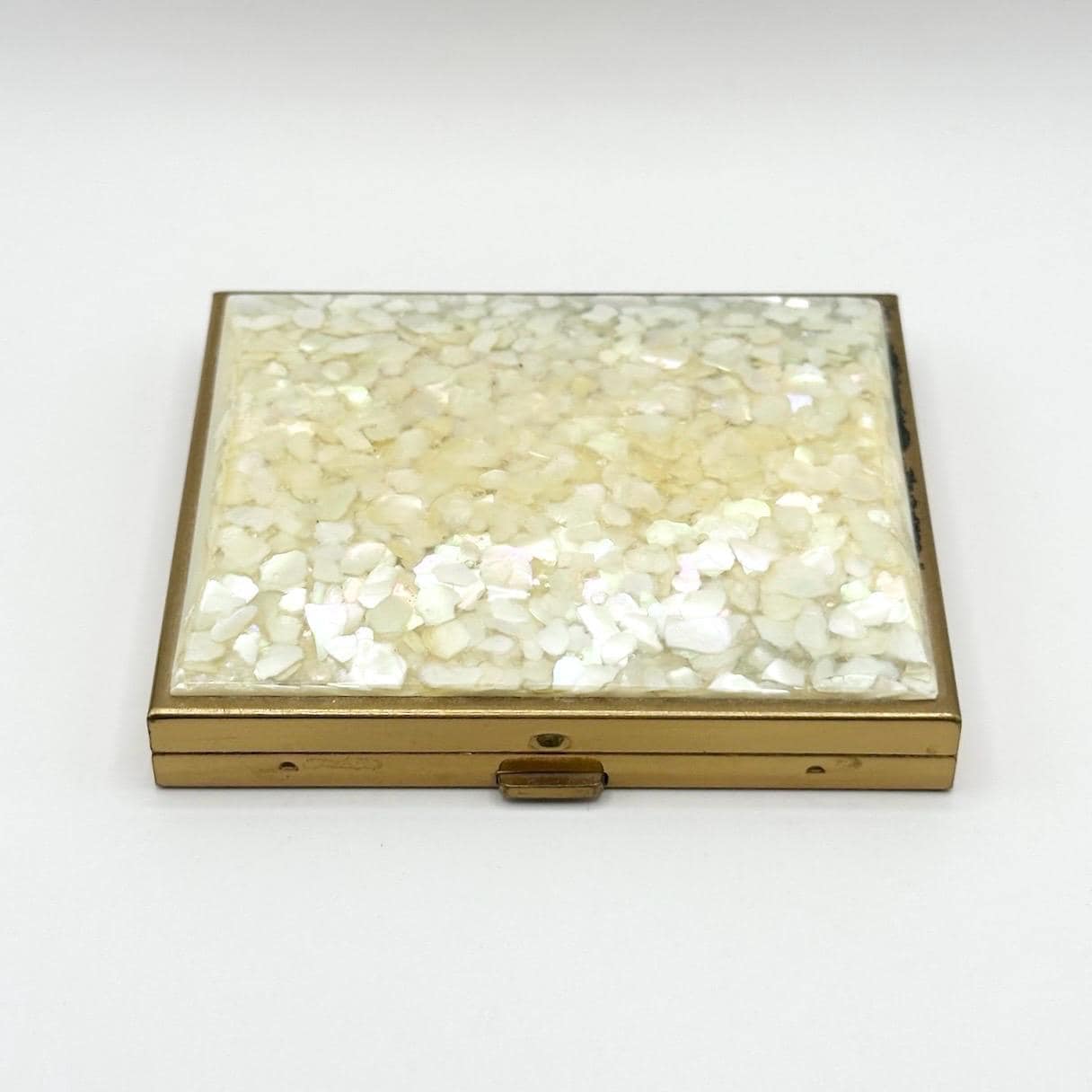 Vintage Compact with Encased Mother of Pearl Cover in Gold Tone Case and Applicator