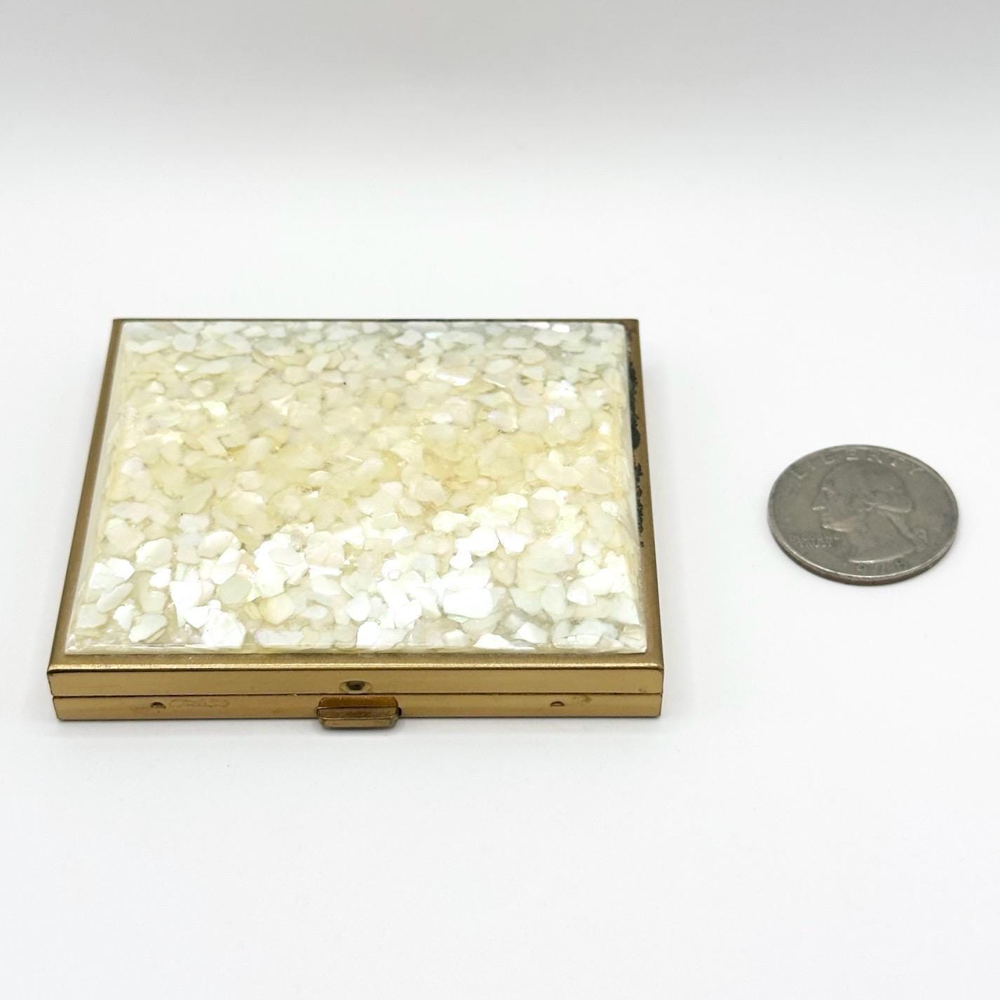 Vintage Compact with Encased Mother of Pearl Cover in Gold Tone Case and Applicator