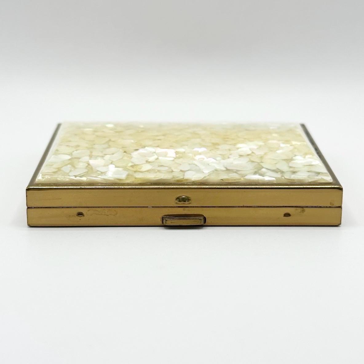 Vintage Compact with Encased Mother of Pearl Cover in Gold Tone Case and Applicator
