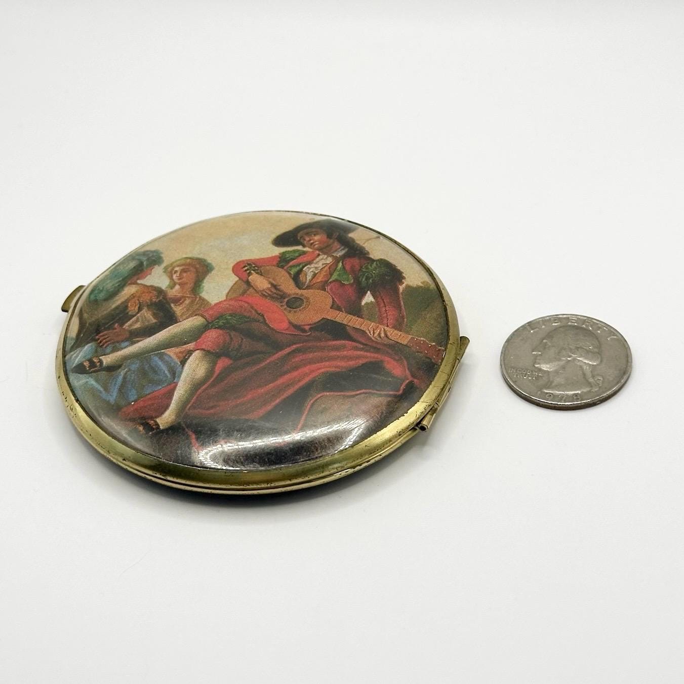 Vintage Mirror Compact in Gold Tone with Victorian Folk Art Design