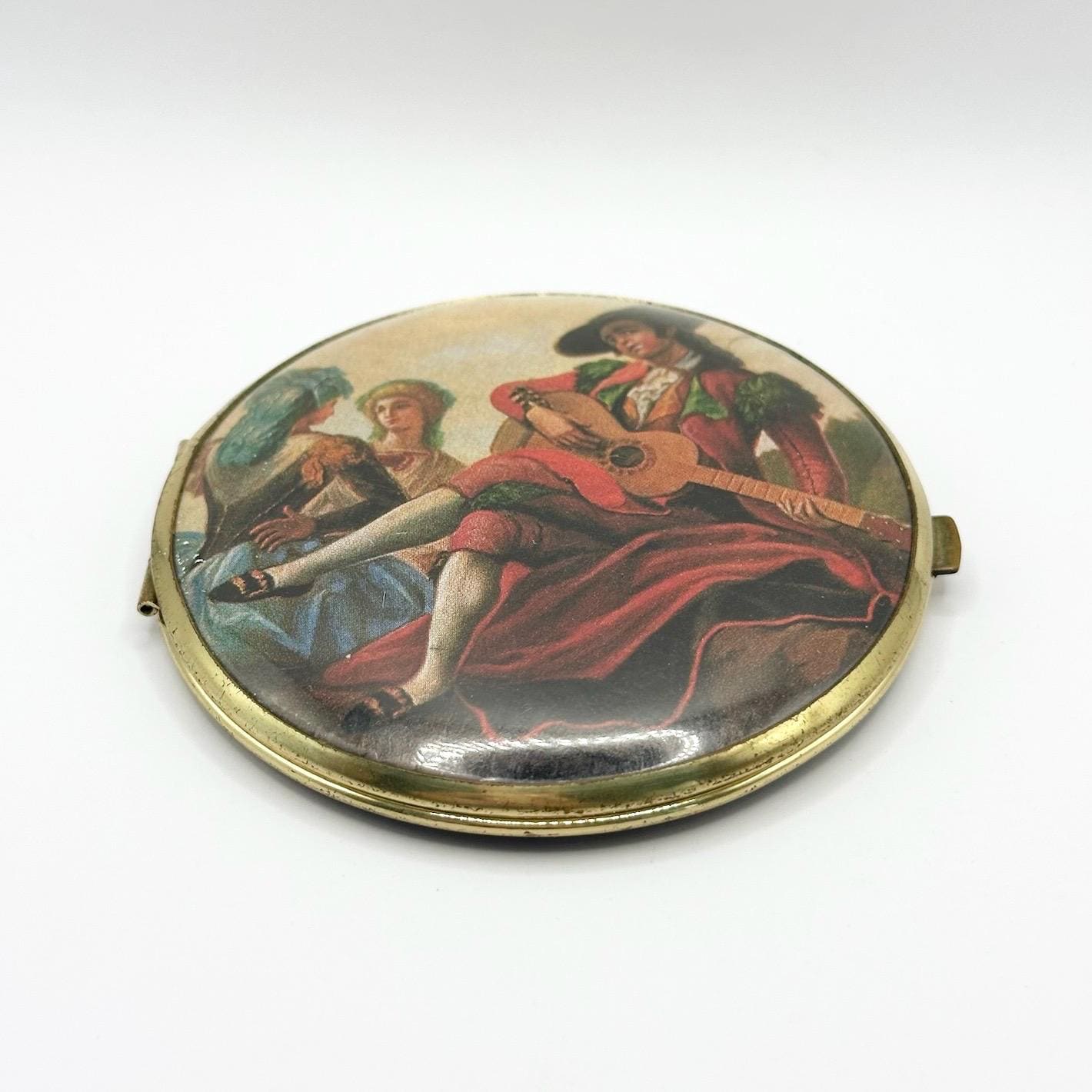 Vintage Mirror Compact in Gold Tone with Victorian Folk Art Design
