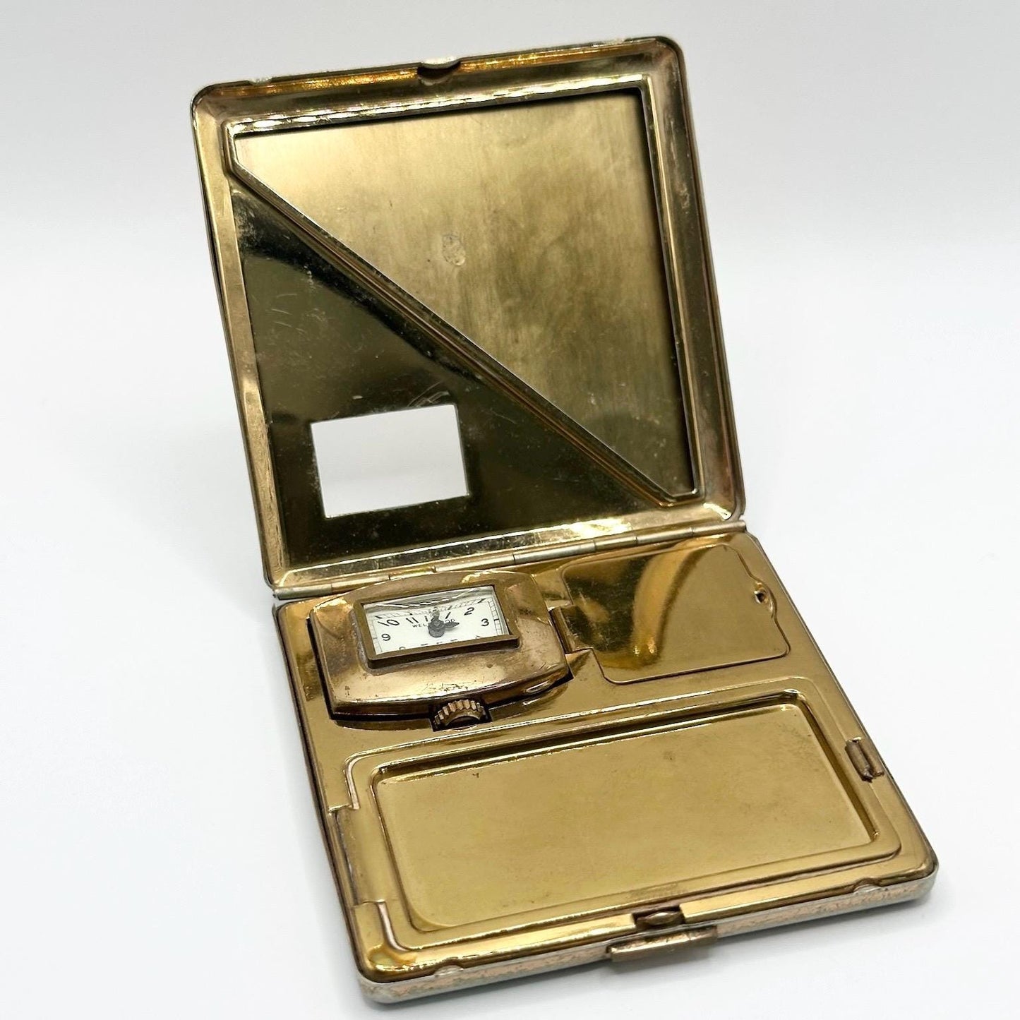 Vintage Clock Compact with White Enamel Cover Made by Illinois Watch Case Company
