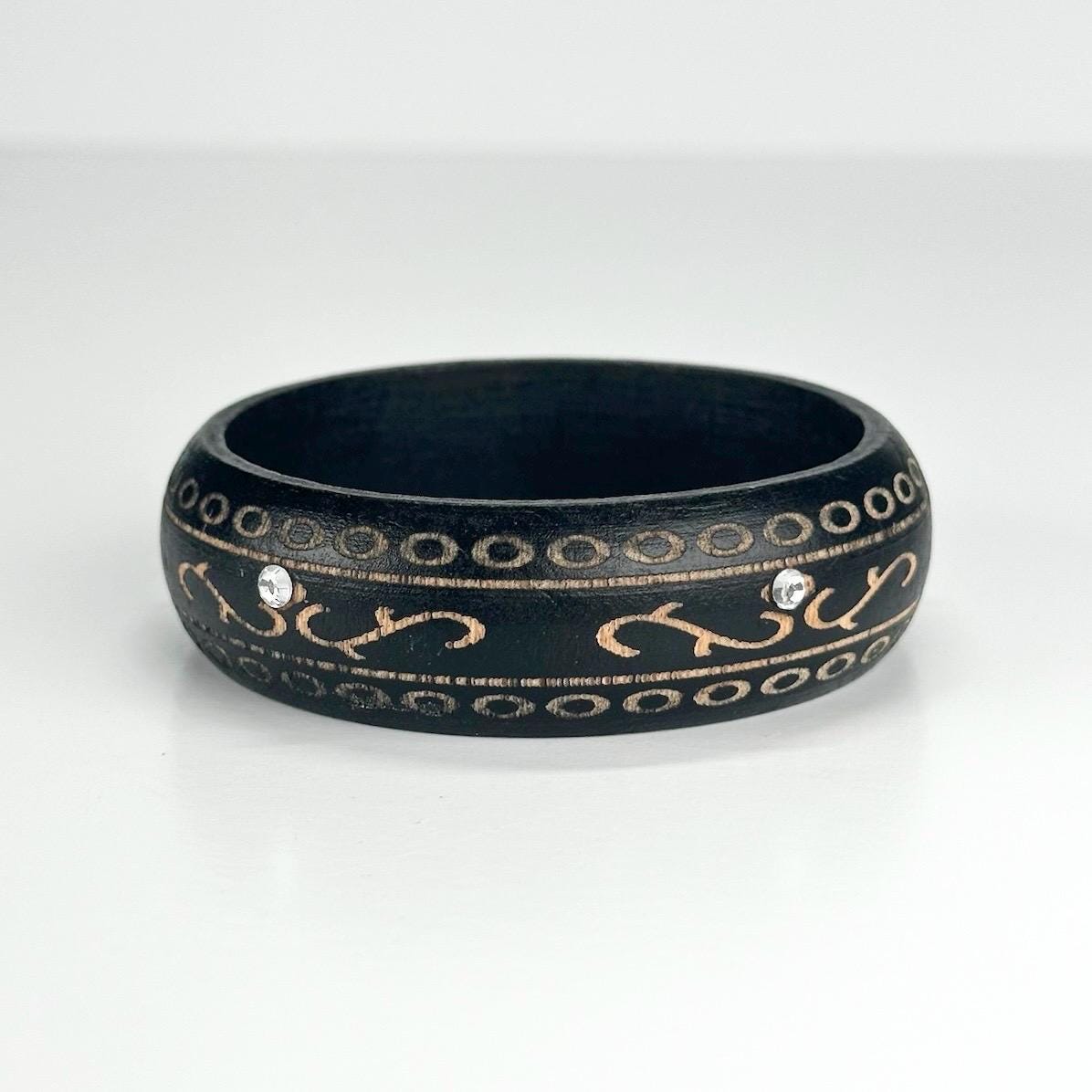 Vintage Dark Wooden Bangle with Golden Design and Rhinestones