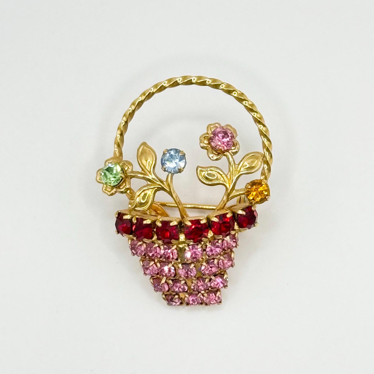Vintage Brooch of a Spring Flower Basket with Rhinestones