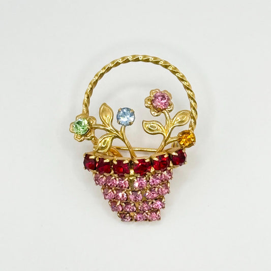 Vintage Brooch of a Spring Flower Basket with Rhinestones
