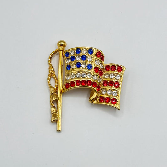 Vintage Brooch of USA Flag in Gold Tone and Rhinestones By Napier