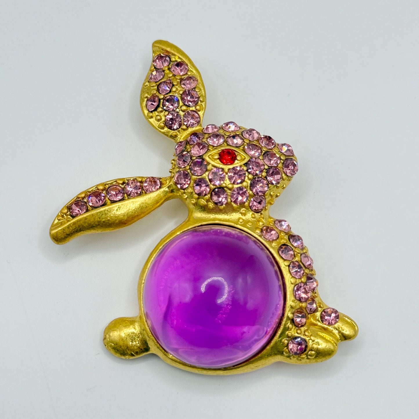 Vintage Brooch of Bunny Rabbit in Gold Tone with Pink Rhinestones & Purple Resin