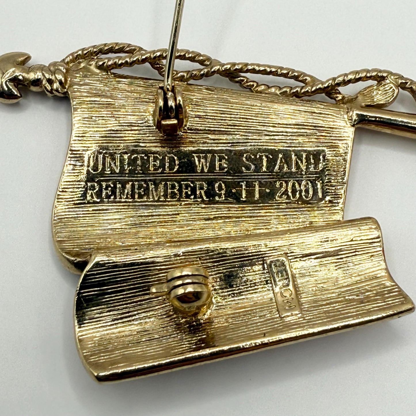 Vintage Monet USA Flag Brooch Pin in Gold Tone of 9/11 Remembrance