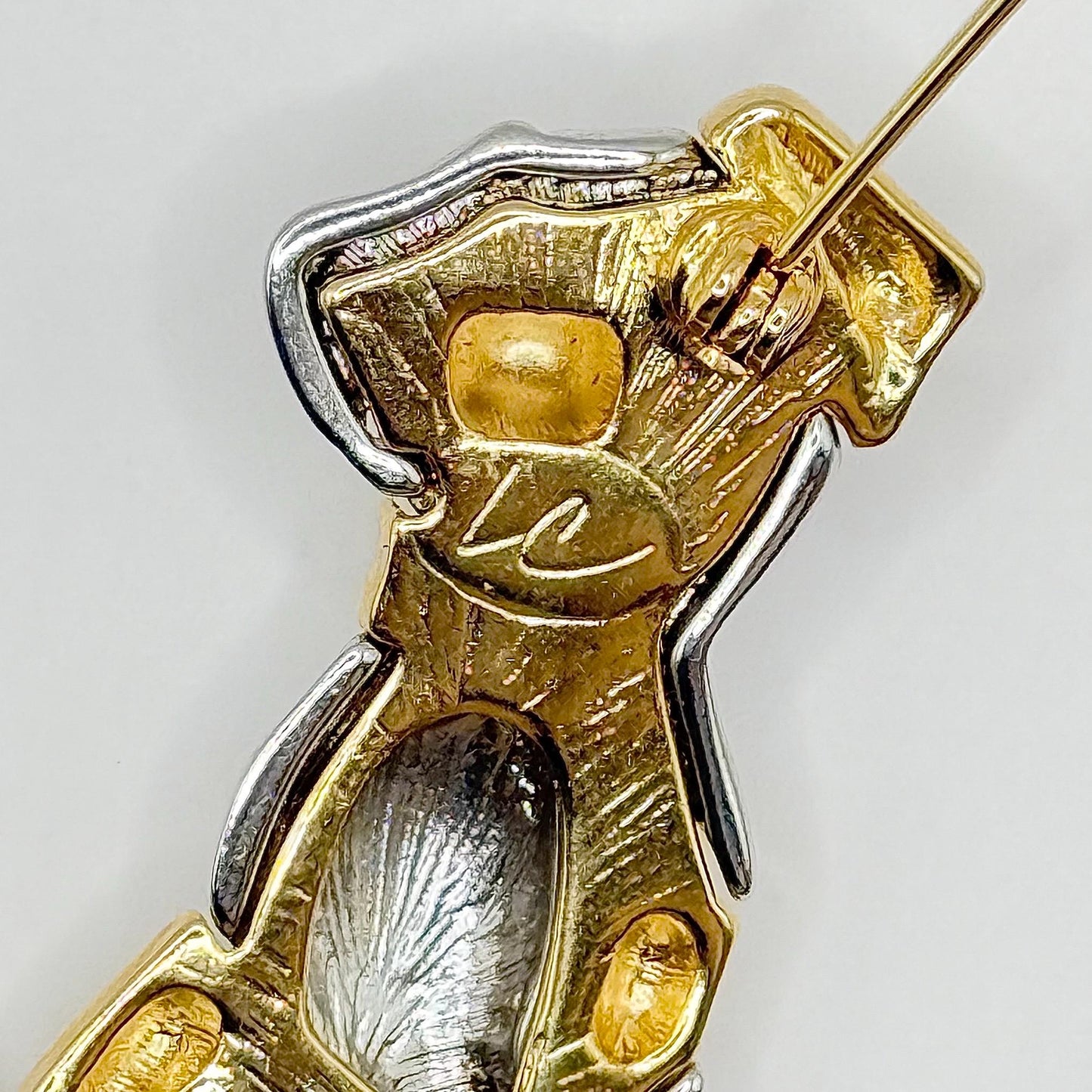 Vintage Brooch Pin of Dog in Gold and Silver Tone and Stamped LC