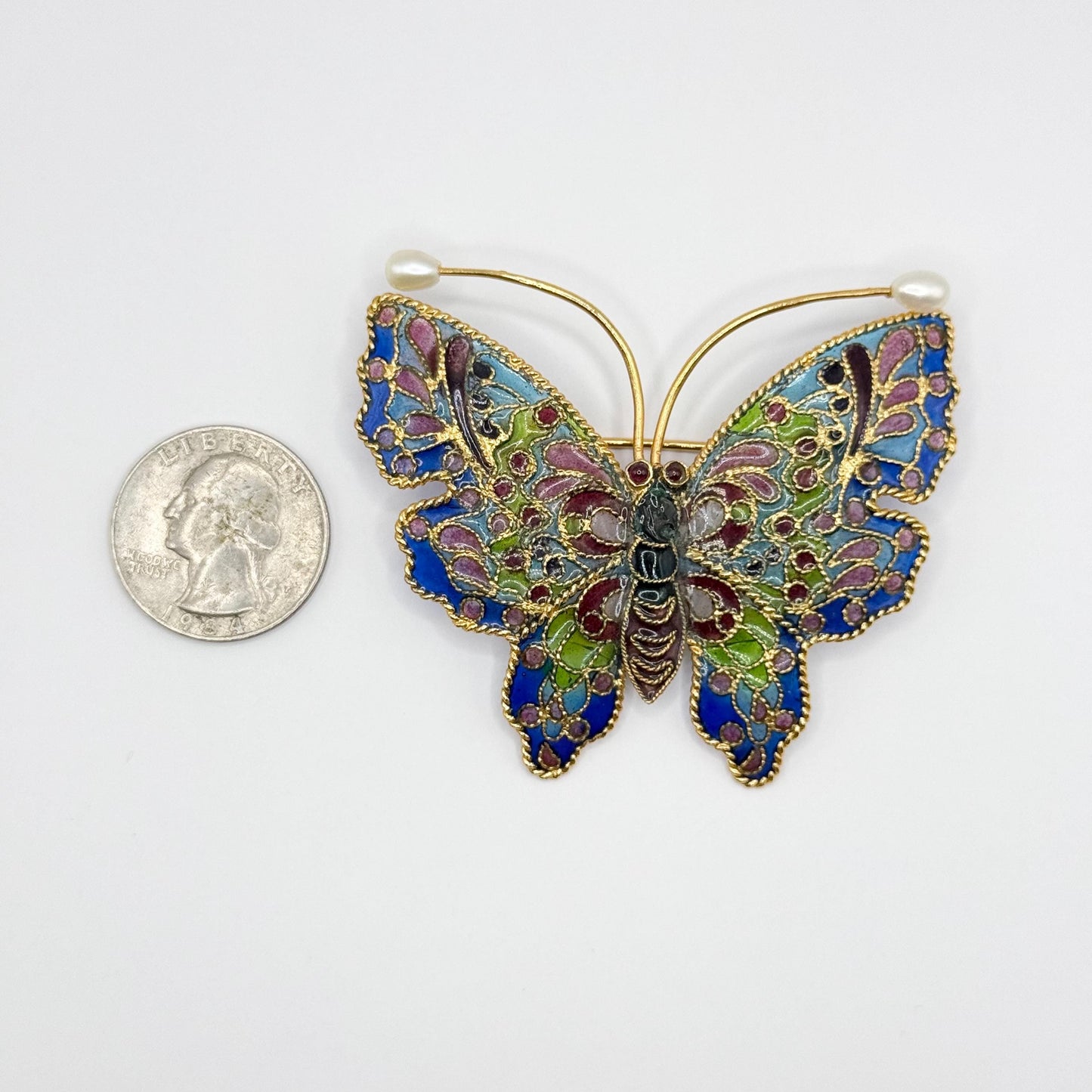 Vintage Pearl Butterfly Brooch of Plique-A-Jour Stained Glass