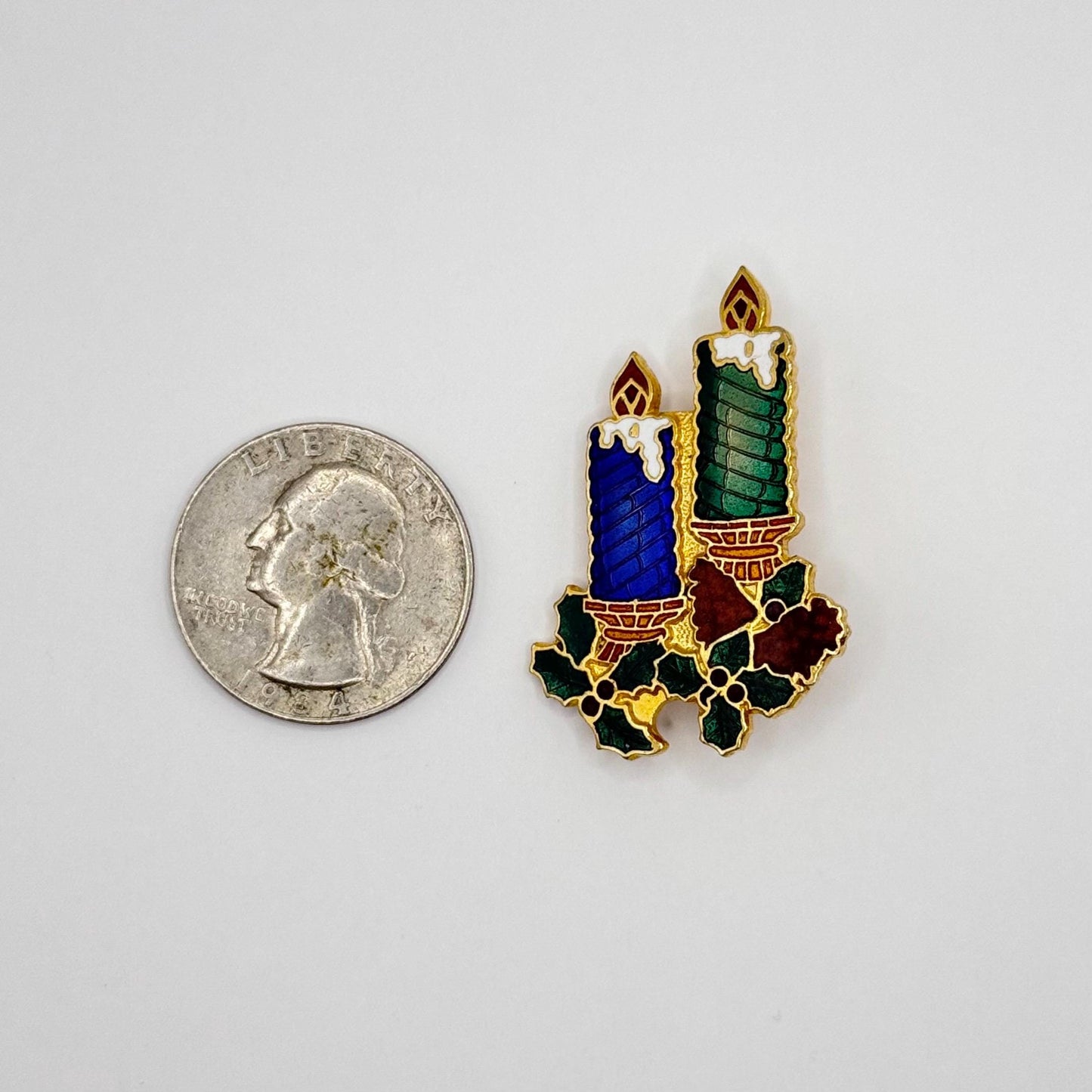 Vintage Brooch Pin of Enameled Candles with Holly and Pinecones