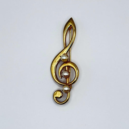 Vintage Brooch Pin of Treble Clef with Pearls in Gold Tone