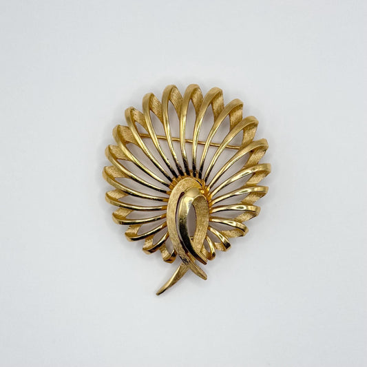 Vintage Brooch Pin with Peacock Tail Design in Gold Tone and Stamped Crown Trifari