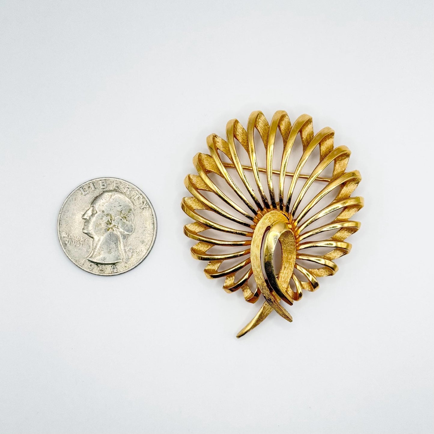 Vintage Brooch Pin with Peacock Tail Design in Gold Tone and Stamped Crown Trifari