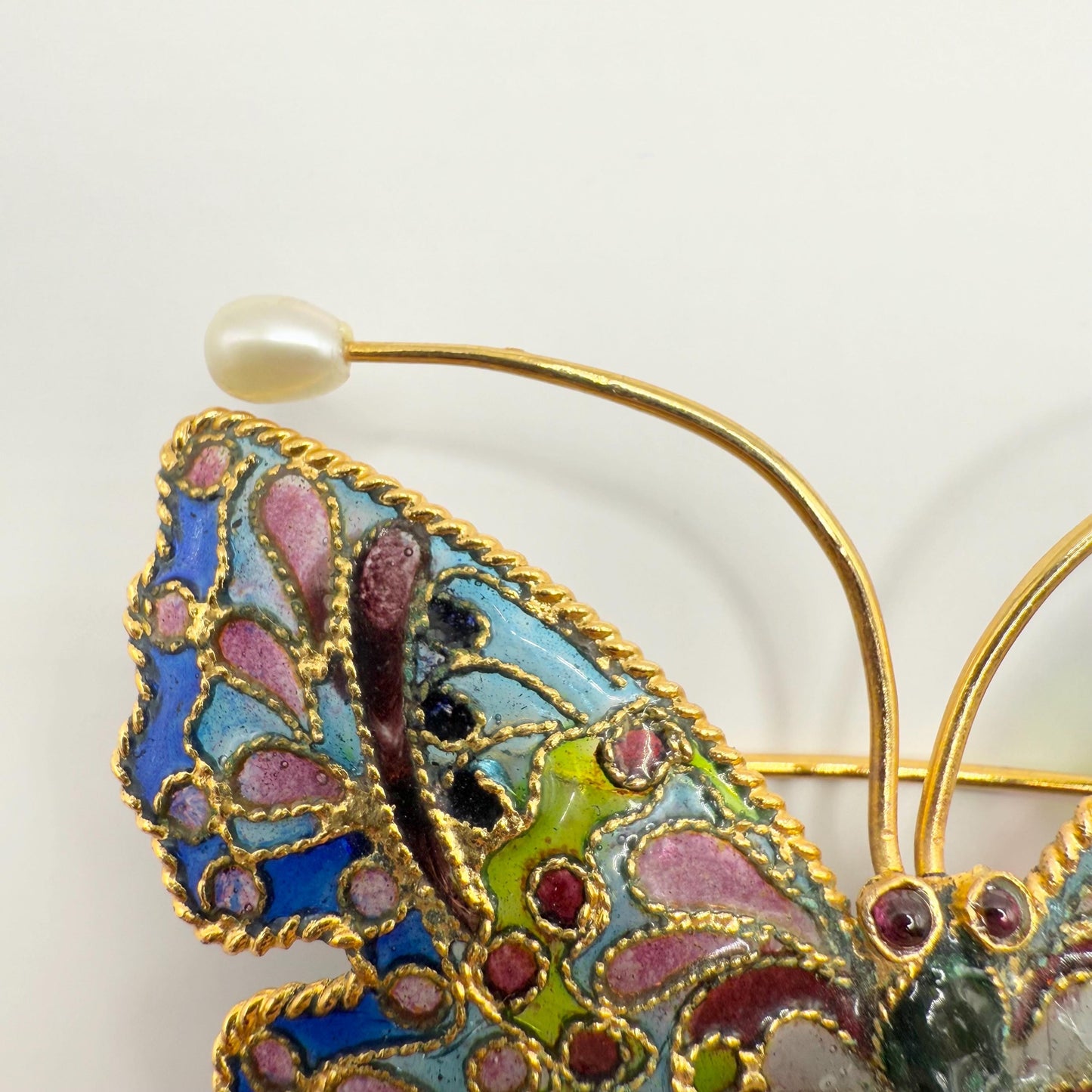 Vintage Pearl Butterfly Brooch of Plique-A-Jour Stained Glass