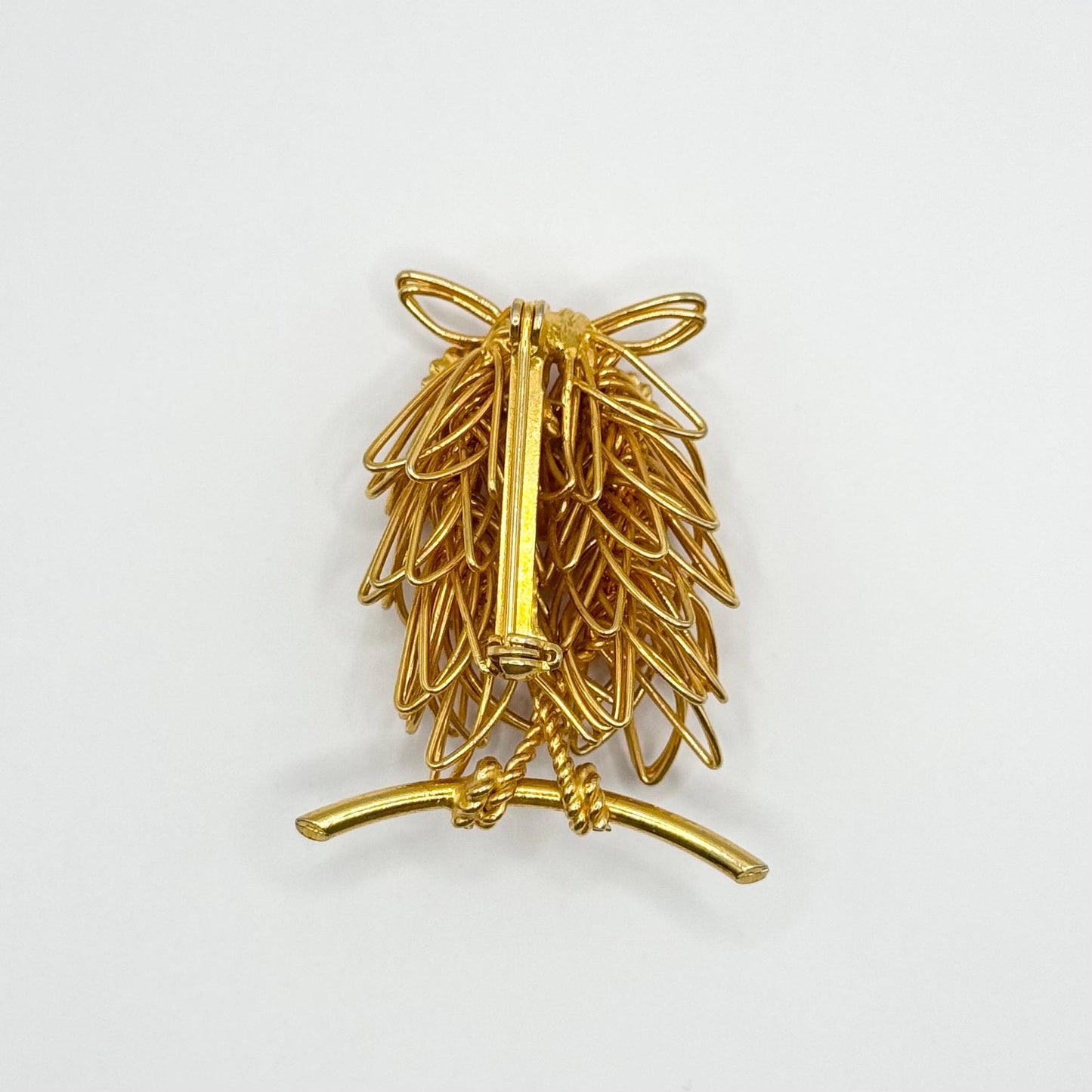 Vintage Brooch Pin of a Wire Owl in Gold Tone with Green Rhinestone Eyes