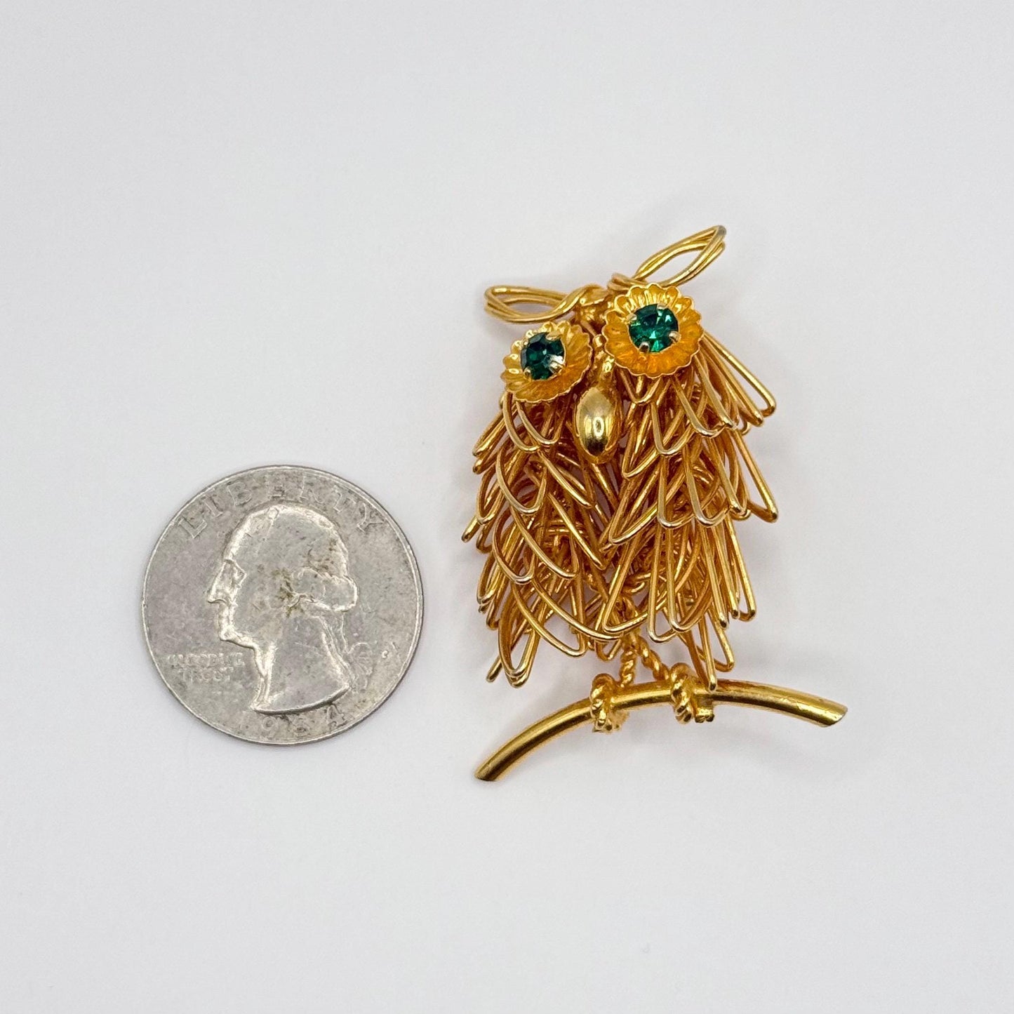Vintage Brooch Pin of a Wire Owl in Gold Tone with Green Rhinestone Eyes