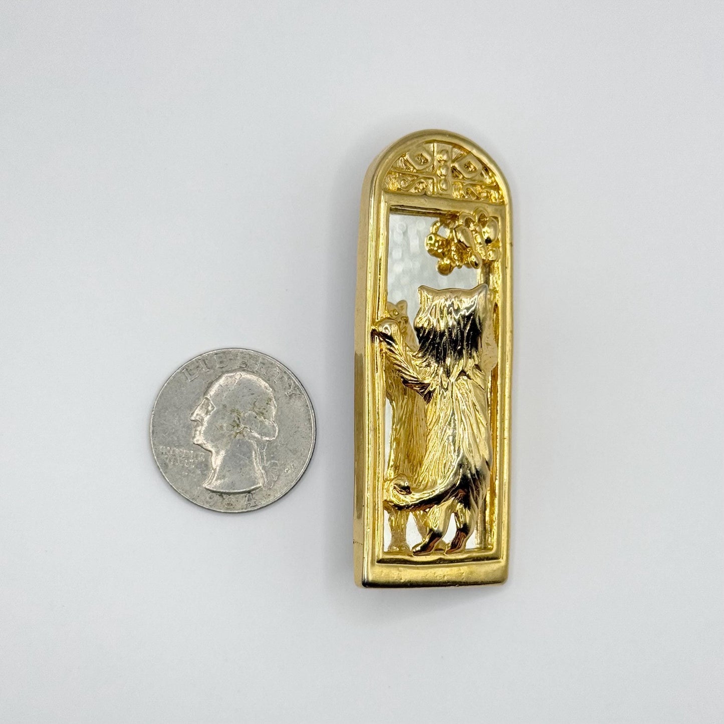 Vintage Brooch of a Cat Chasing a Butterfly on a Mirror ADORABLE