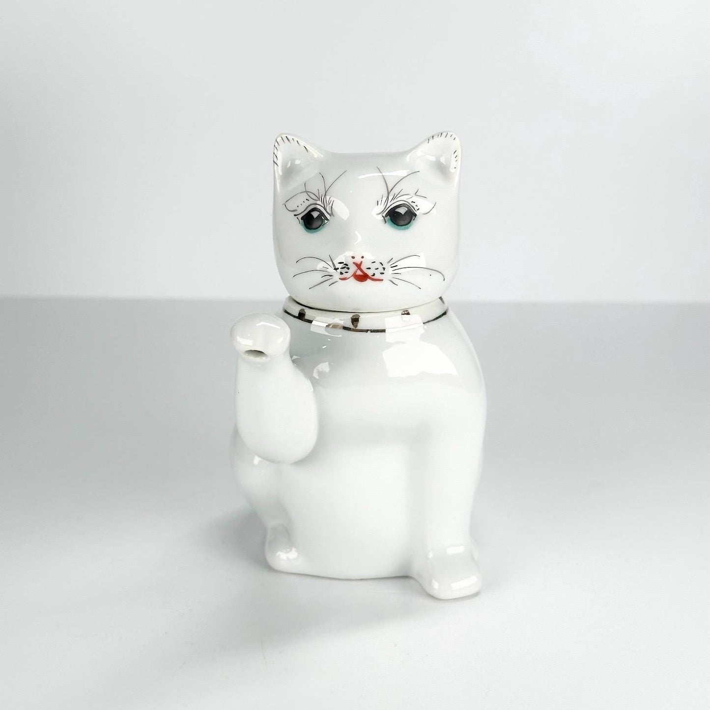 Vintage Cat Tea Pot with Raised Paw Spout and Hand Painted Design