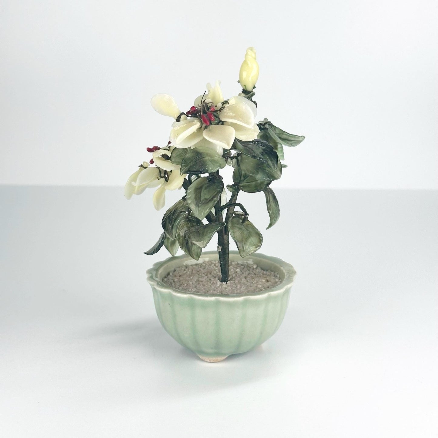 Vintage Artificial Plant with Quartz and Jade Glass Flowers in Celadon Pot