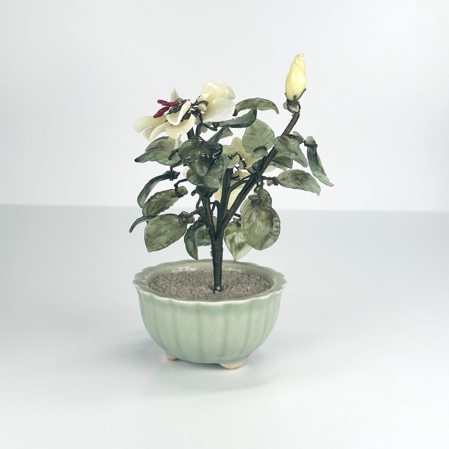 Vintage Artificial Plant with Quartz and Jade Glass Flowers in Celadon Pot
