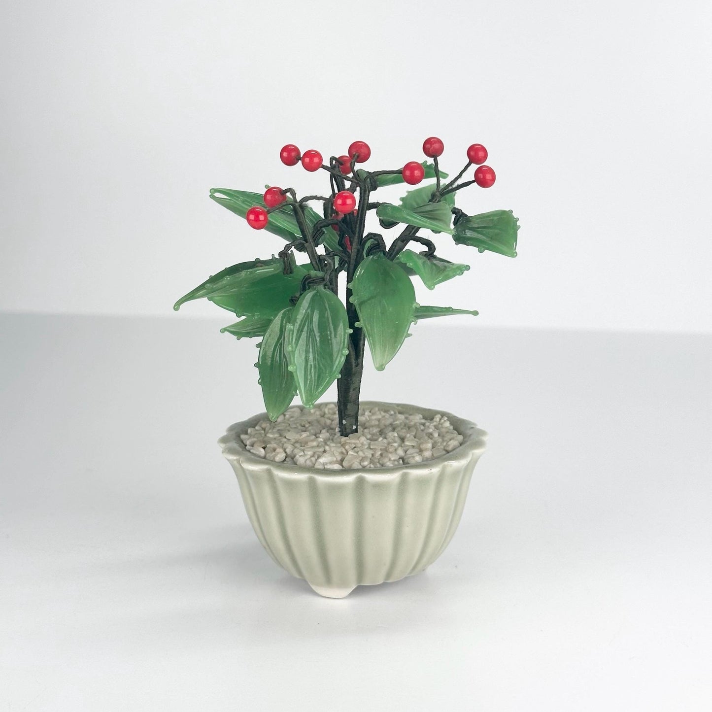Vintage Artificial Plant with Glass Holly Flowers in Celadon Pot