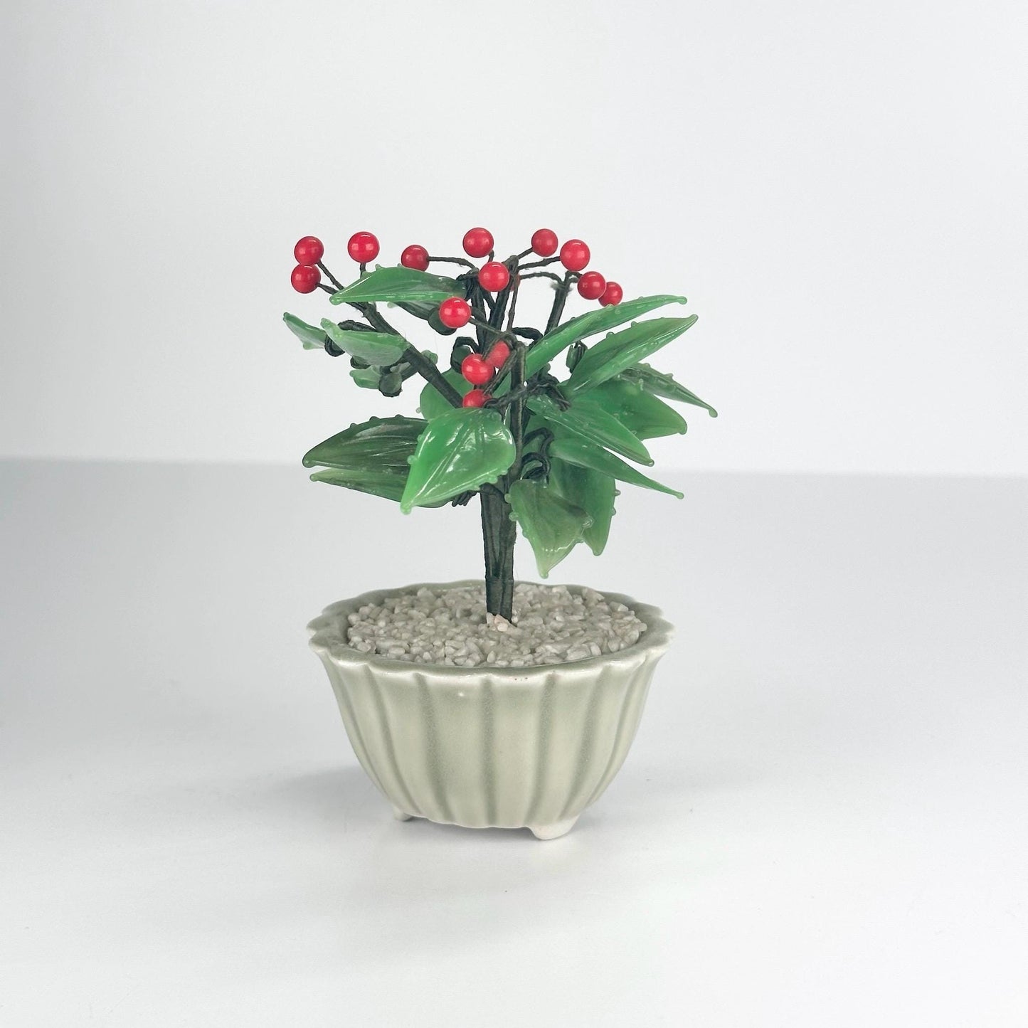 Vintage Artificial Plant with Glass Holly Flowers in Celadon Pot
