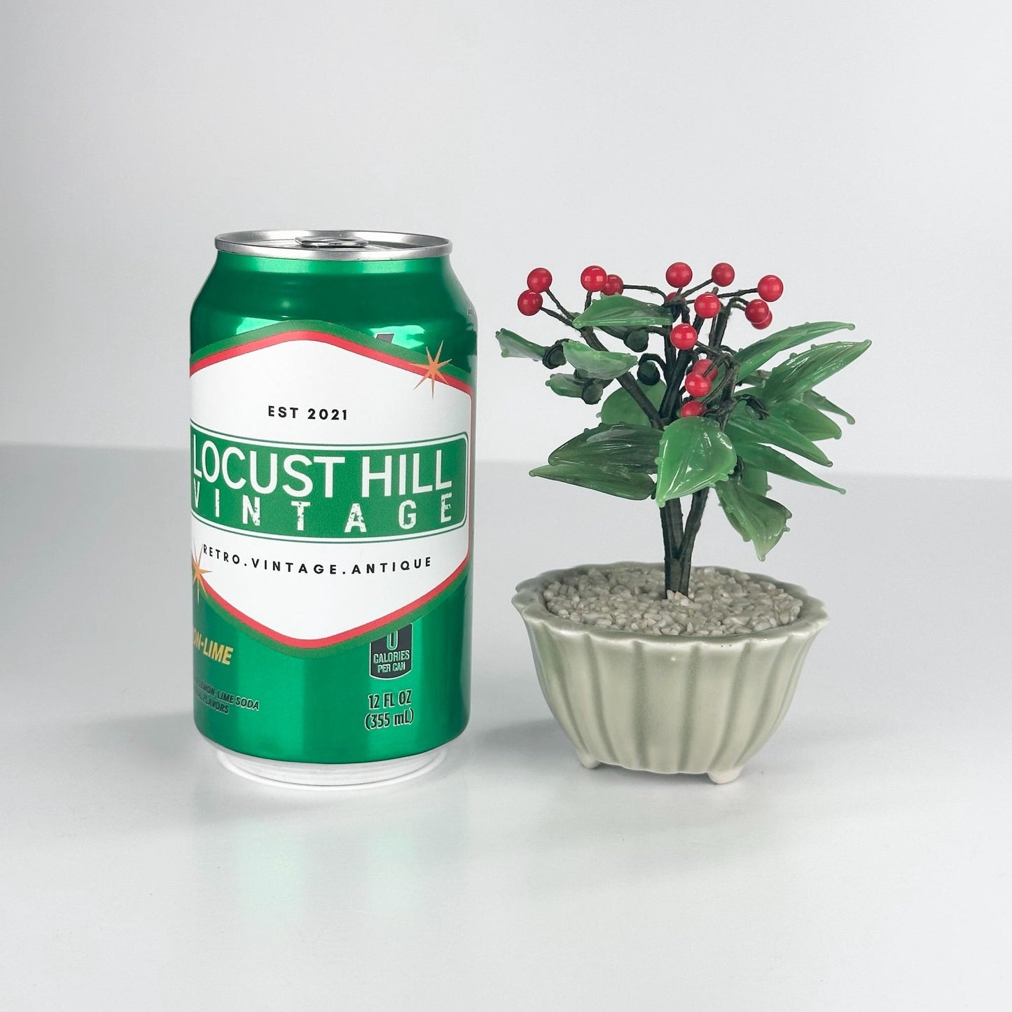 Vintage Artificial Plant with Glass Holly Flowers in Celadon Pot