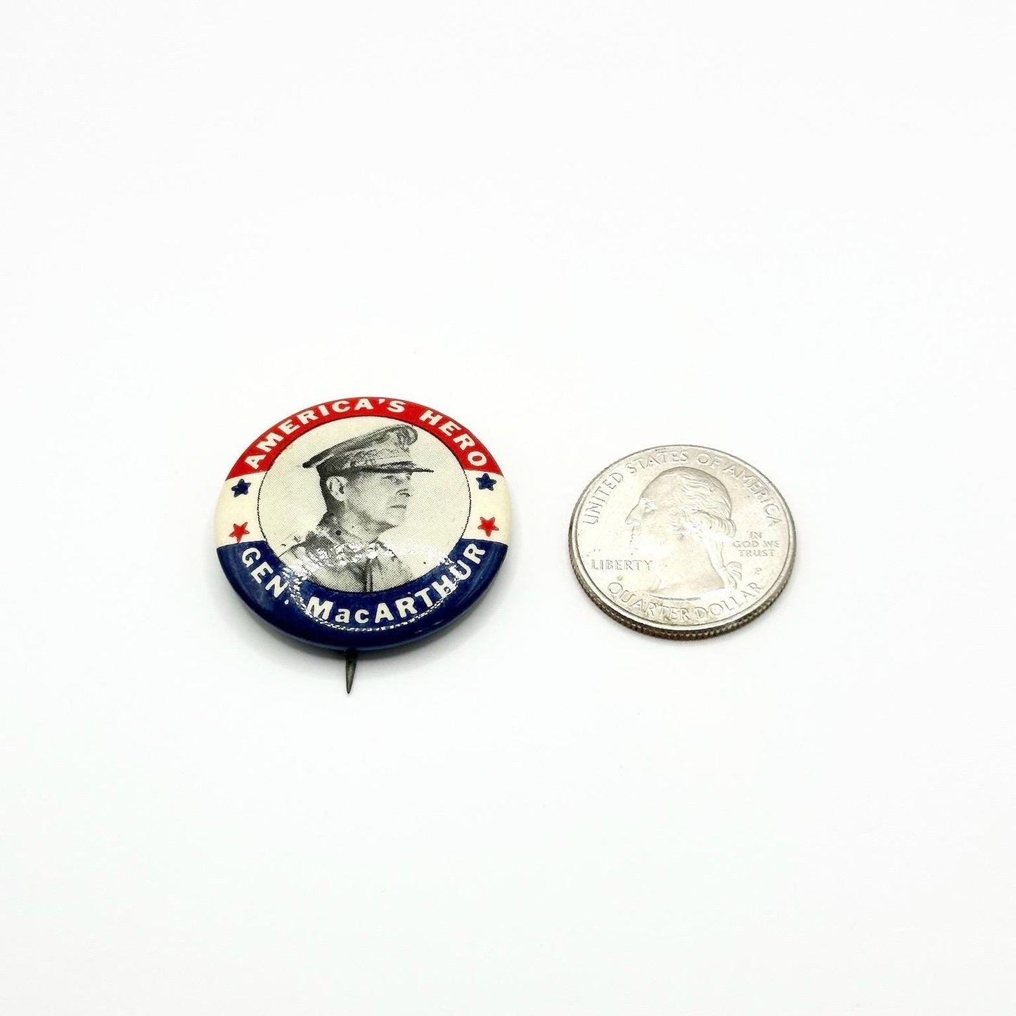 Vintage Button Pin that Reads American's Hero Gen. MacArthur with Picture