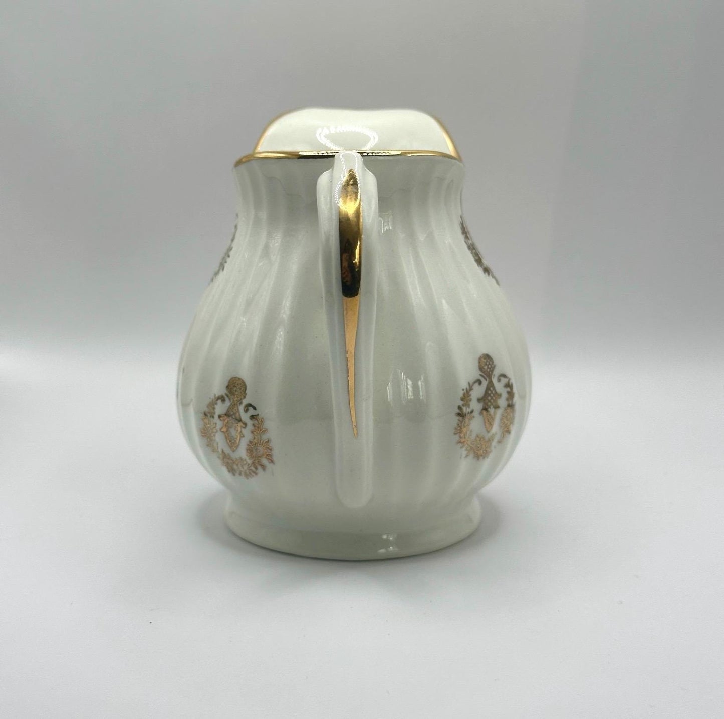 Vintage Ceramic Pitcher with White and Gold Floral Design Stamped Capodimonte