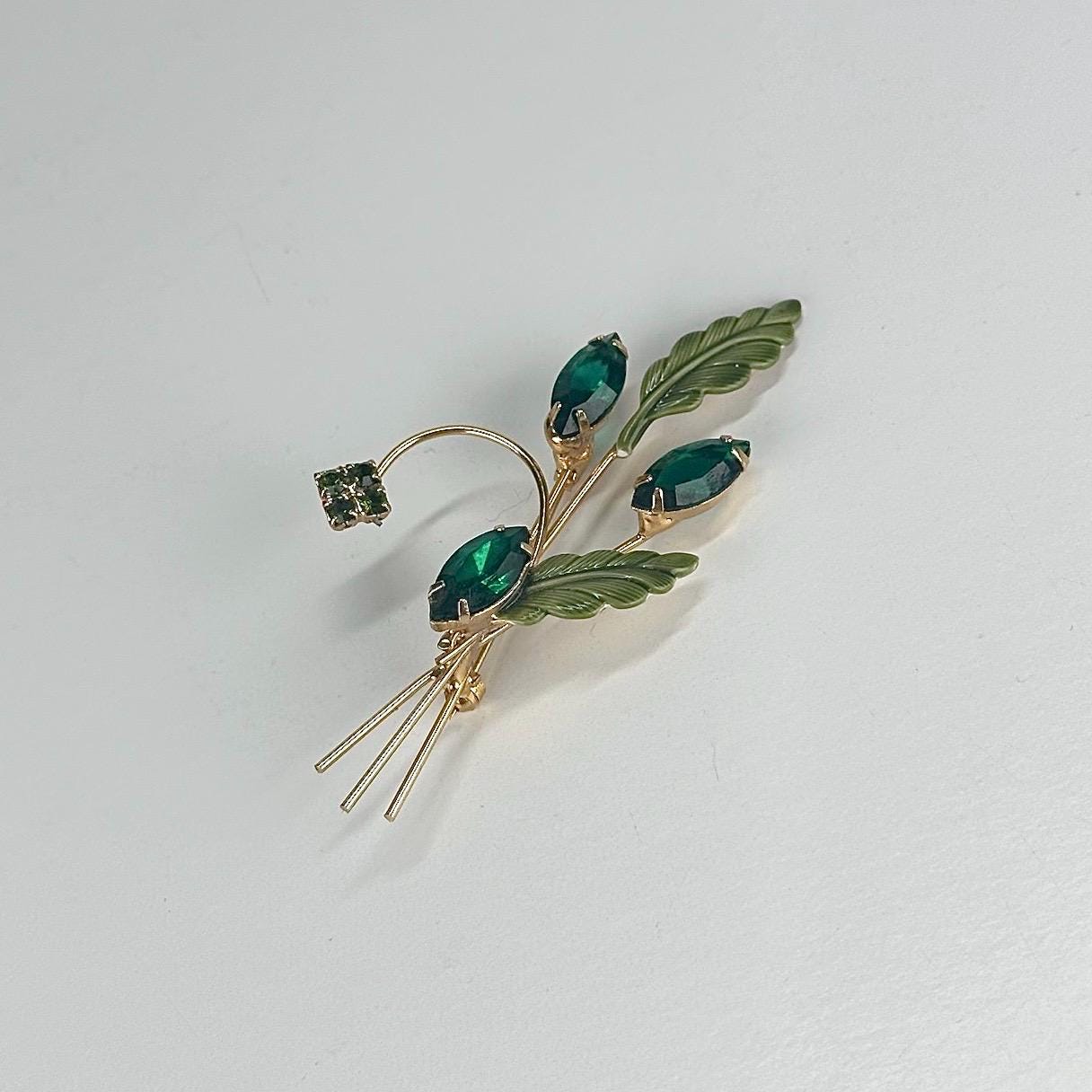 Vintage Brooch Pin with Green Gemstone Flowers and Enamel Painted Flowers