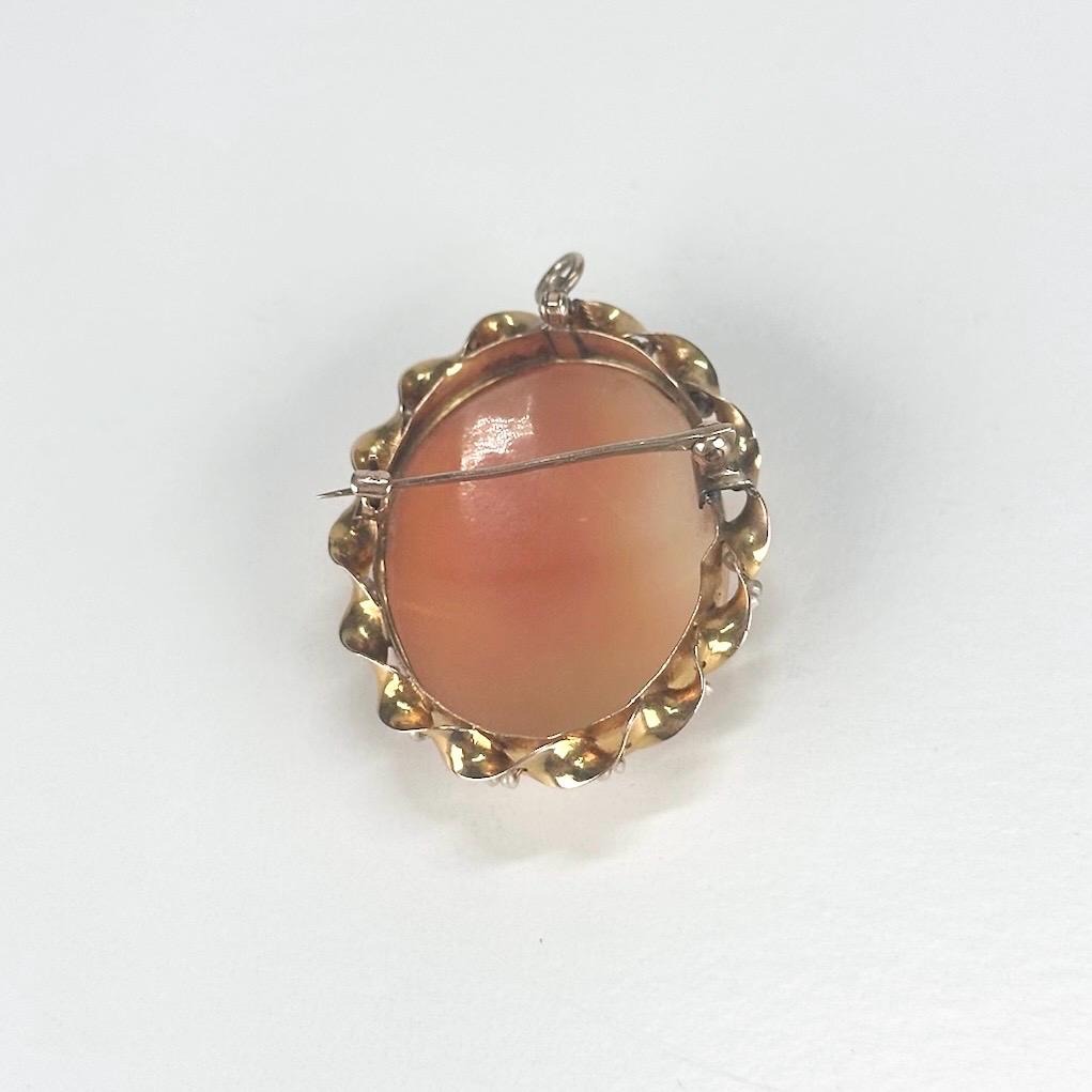 Victorian Brooch Pendant of Hand Carved Shell Cameo With Seed Pearl 10k Gold Frame