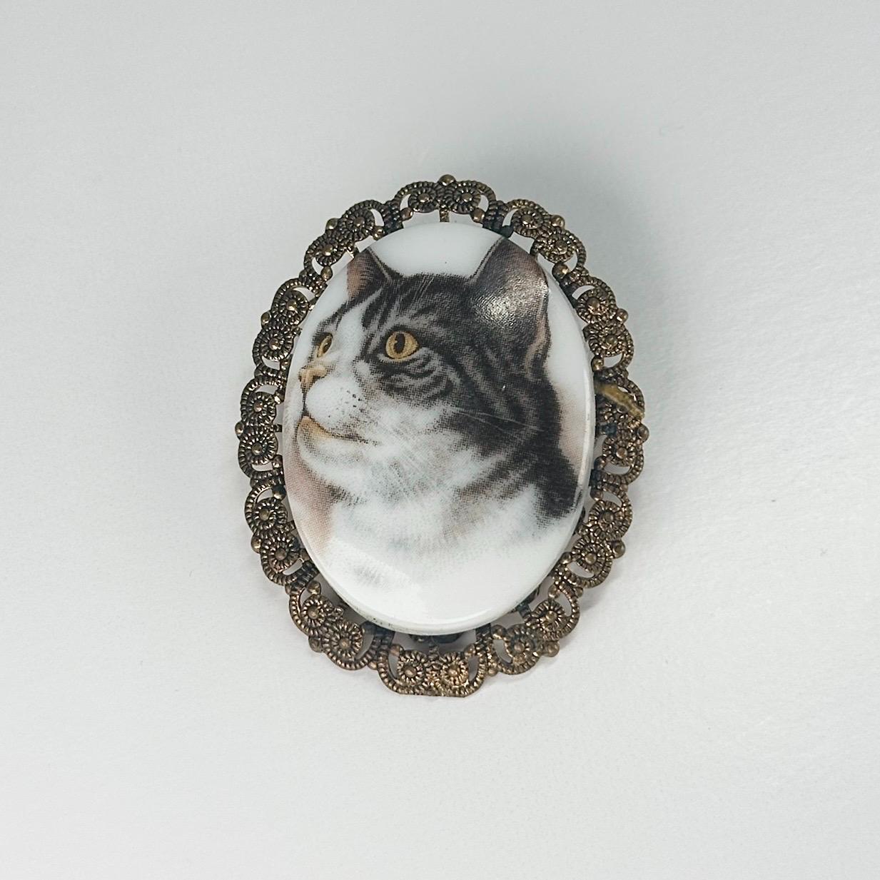 Vintage Porcelain Tabby Cat Brooch with Golden Filigree Edge and Stamped Western Germany