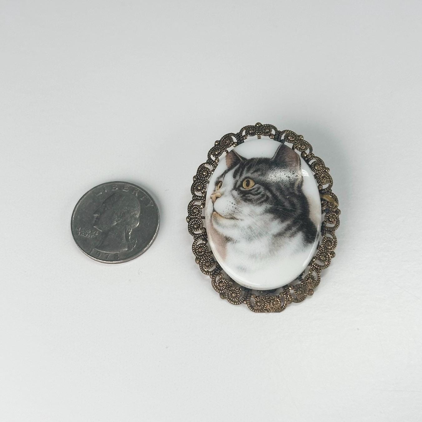 Vintage Porcelain Tabby Cat Brooch with Golden Filigree Edge and Stamped Western Germany