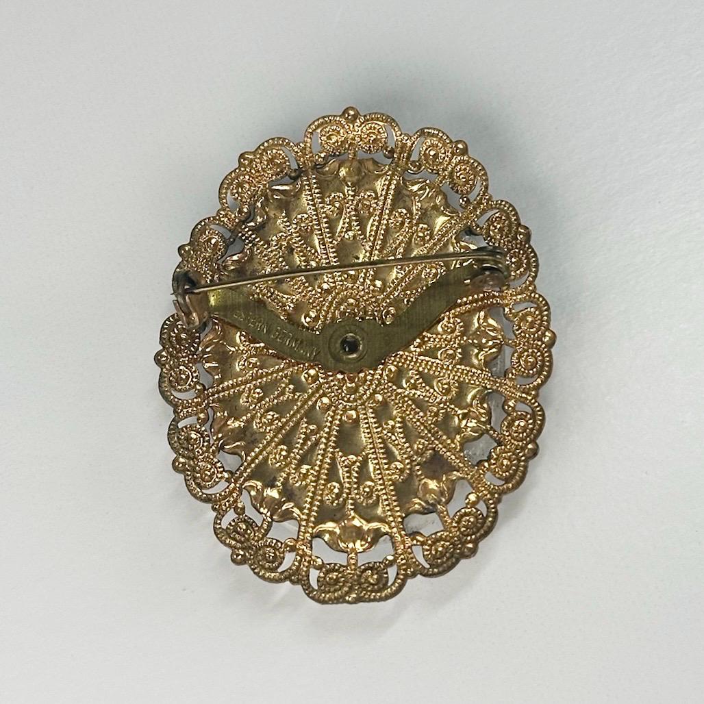 Vintage Porcelain Tabby Cat Brooch with Golden Filigree Edge and Stamped Western Germany