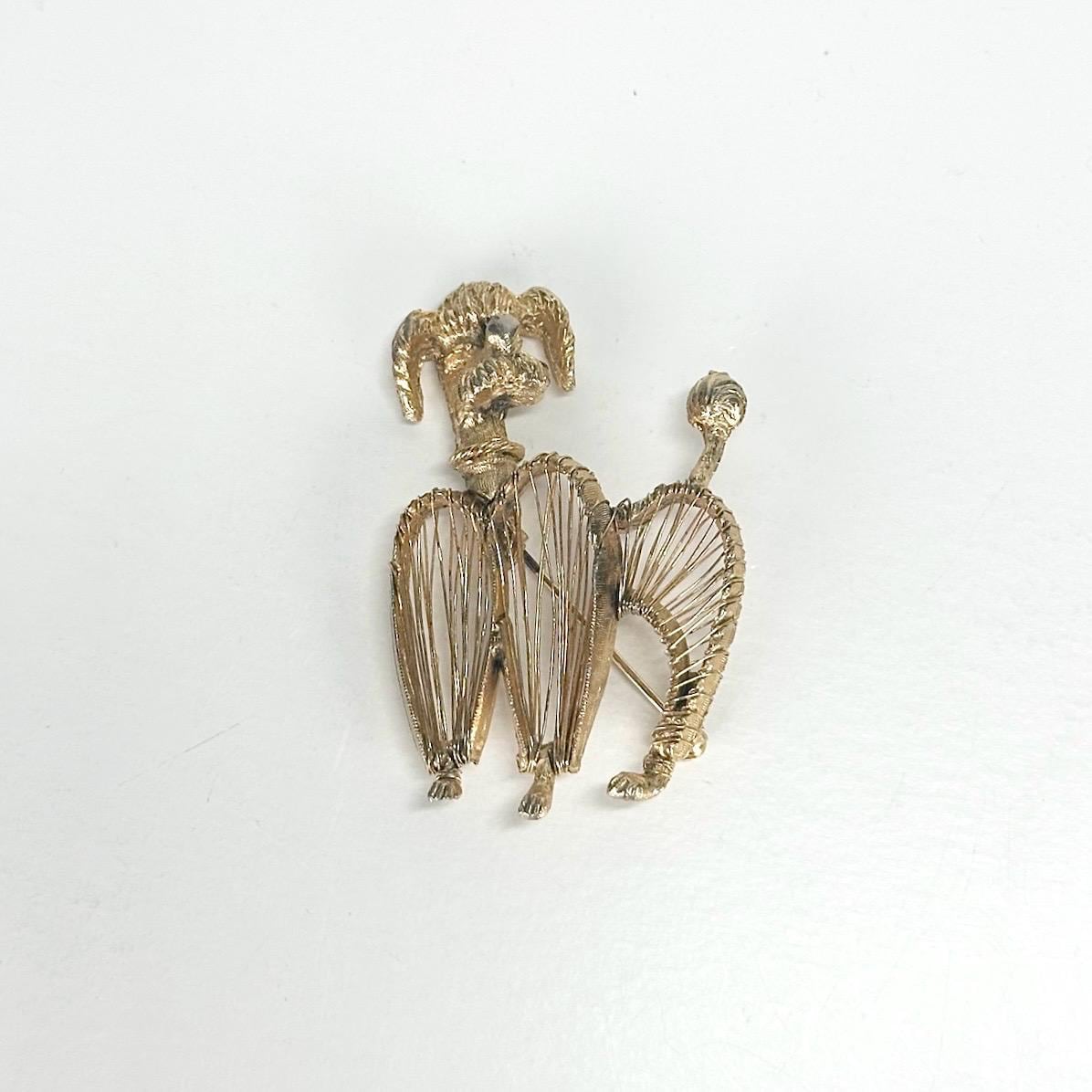 Vintage Brooch Pin of Poodle in Gold Tone with Delicate Wire Design