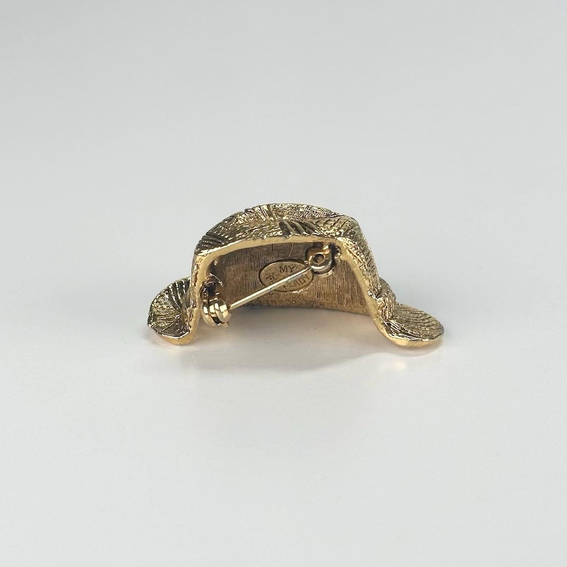 Vintage Brooch of My Fair Lady Fedora in Gold Tone with Rhinestones by BSK