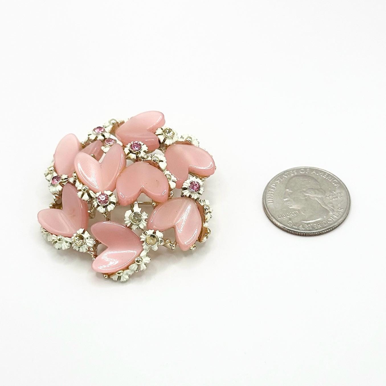 Vintage Brooch Pin with Thermoset Hearts and Rhinestone Flowers Stamped BSK