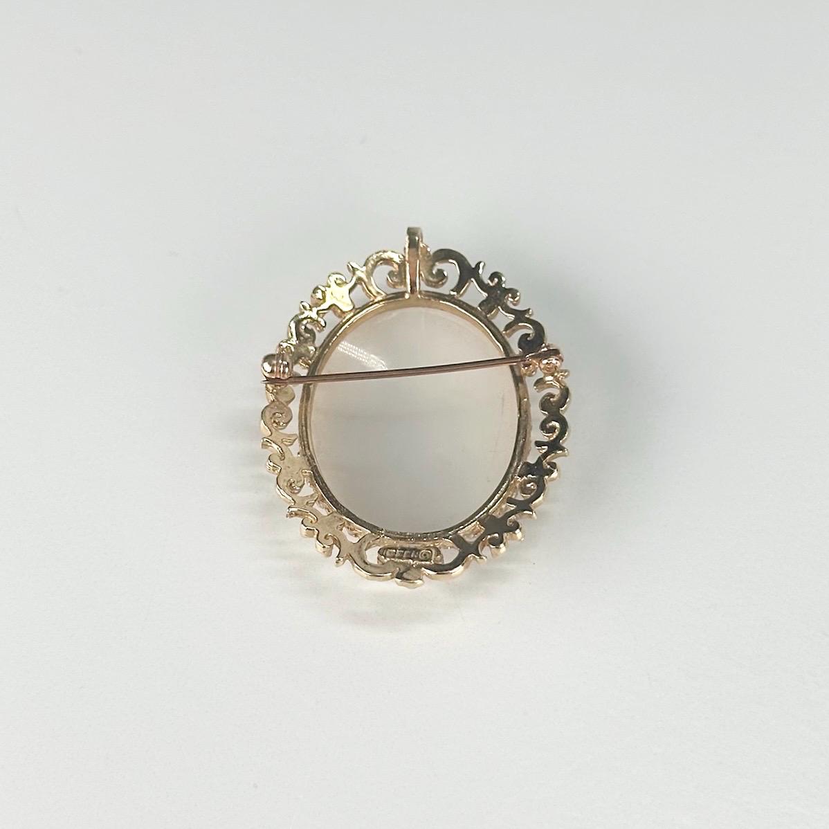 Vintage Cameo Brooch or Pendant with Carved Lake House Scene and 10K Gold Design