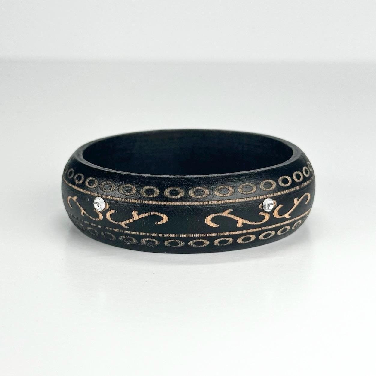 Vintage Dark Wooden Bangle with Golden Design and Rhinestones