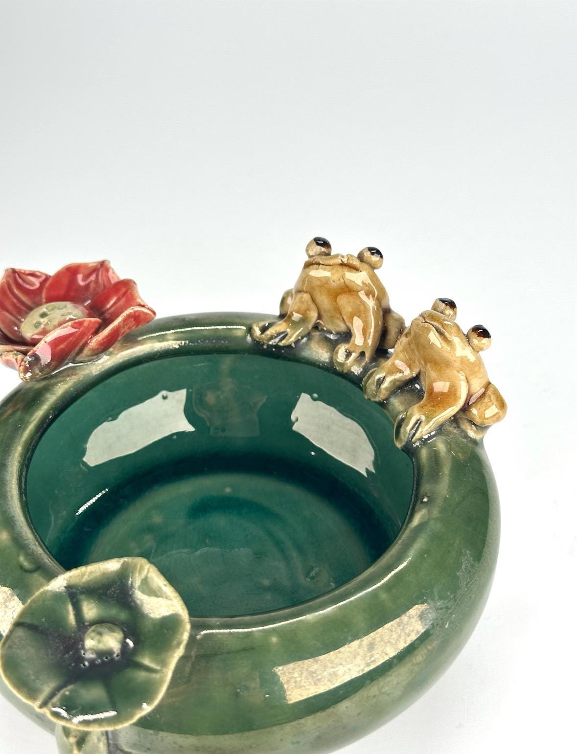 Vintage Majolica Planter or Dish with Frogs and Red Flower