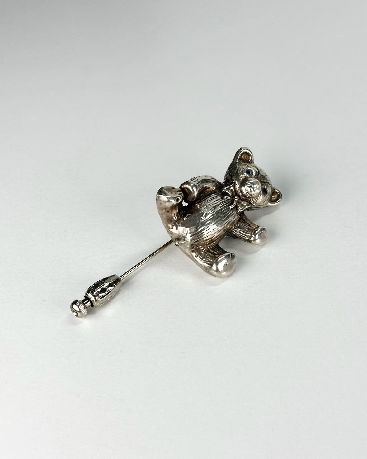 Vintage Brooch Pin of Sterling Silver Teddy Bear with Blue Rhinestone Eyes